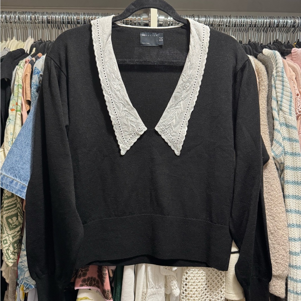 ASOS Black V-Neck Sweater with White Lace Collar